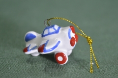 Игрушка елочная "Самолет, самолетик". Пилот, авиация. Керамика, майолика, ручная роспись. #1