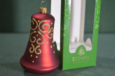 Елочная игрушка из стекла, колокольчик "Вуаль", красный. Стекло. Клинское объединение "Елочка".