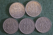 Монеты 6 пенсов периода 1939 - 1951 гг., Великобритания. Подборка, 5 штук.