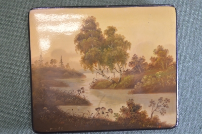 Крышка от шкатулки. Пейзаж. Река. Лаковая миниатюра. Федоскино. СССР. 1968 год.