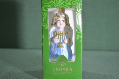 Елочная игрушка из стекла "Ангел, ангелочек". Стекло. Голубая одежда. Клинское объединение "Елочка".