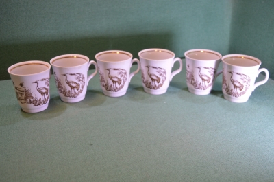 Чашка фарфоровая. Серый Журавль. Красная Книга. Фарфор. Набор 6 шт. Полтавский завод. СССР. 1970е.