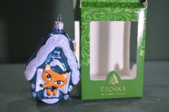 Елочная игрушка из стекла "Домик лесной, голубой". Лиса, лисица. Стекло. Клинское объединение Елочка
