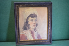 Картина, рисунок "Девушка в чепце". Бумага, акварель. Художник Артур Фонвизин.
