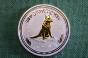 Монета 1 доллар 2006 год серебряная, 1 унция. Позолота. Собака лунар. Серебро 999 проба. Австралия