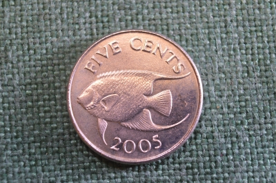 Монета 5 центов 2005 год. Five cents. Рыба. Елизавета II, Бермуды, Бермудские острова.