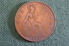 Монета 1 пенни 1930 год. One penny. Георг V, Великобритания.
