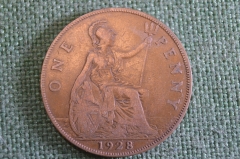 Монета 1 пенни 1928 год. One penny. Георг V, Великобритания.