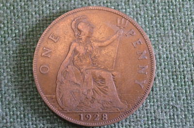 Монета 1 пенни 1928 год. One penny. Георг V, Великобритания.