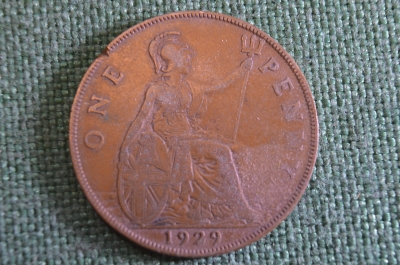 Монета 1 пенни 1929 год. One penny. Георг V, Великобритания.