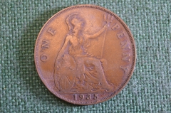 Монета 1 пенни 1935 год. One penny. Георг V, Великобритания. 