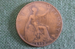 Монета 1 пенни 1919 год. One penny. Георг V, Великобритания. 
