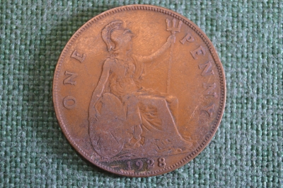 Монета 1 пенни 1928 года. One penny. Георг V, Великобритания. #5