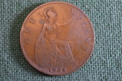 Монета 1 пенни 1928 года. One penny. Георг V, Великобритания. #3