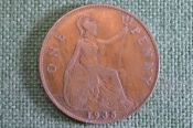 Монета 1 пенни 1935 года. One penny. Георг V, Великобритания.