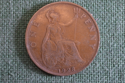 Монета 1 пенни 1928 года. One penny. Георг V, Великобритания. #4
