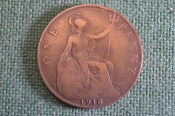 Монета 1 пенни 1918 год. One penny. Георг V, Великобритания.