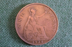 Монета 1 пенни 1934 год. One penny. Георг V, Великобритания.
