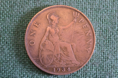 Монета 1 пенни 1934 год. One penny. Георг V, Великобритания.