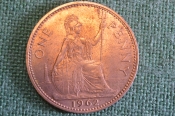 Монета 1 пенни 1962 год. One penny. Елизавета II, Великобритания.