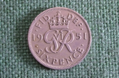 Монета 6 пенсов 1951 год. Six pence. Георг VI, Великобритания.