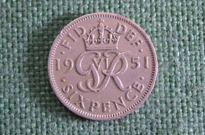 Монета 6 пенсов 1951 год. Six pence. Георг VI, Великобритания.