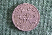 Монета 6 пенсов 1951 год. Six pence. Георг VI, Великобритания.