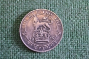 Монета 6 пенсов 1916 год. Six pence. Серебро. Георг V, Великобритания.