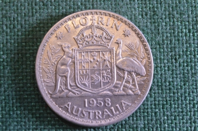 Монета 1 флорин 1958 год. Florin. Кенгуру и страус. Серебро. Елизавета II, Австралия. 