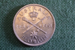 Монета 1 флорин 1951 год. Florin. Серебро. 50 лет Федерации. Георг VI, Австралия. 