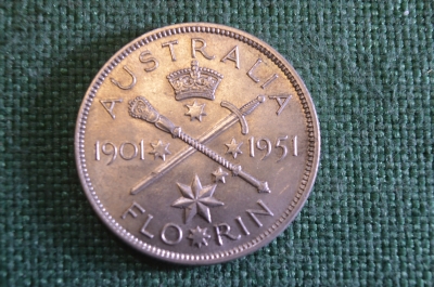 Монета 1 флорин 1951 год. Florin. Серебро. 50 лет Федерации. Георг VI, Австралия. 