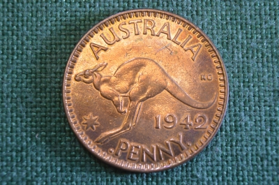 Монета 1 пенни 1942 года. Кенгуру. One penny. Георг VI, Australia, Австралия.
