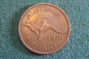 Монета 1 пенни 1951 года. Кенгуру. One penny. Георг VI, Australia, Австралия.