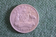 Монета 6 пенсов 1952 год. Six pence. Кенгуру и страус. Георг VI, Австралия.