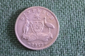 Монета 6 пенсов 1952 год. Six pence. Кенгуру и страус. Георг VI, Австралия.