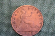Монета 1/2 пенни 1861 год. Half penny. Виктория, Великобритания.