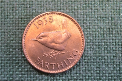 Монета 1 фартинг 1938 года. Farting. Птица, птичка. Георг VI, Великобритания.