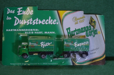 Машинка, модель. Пивной грузовик с прицепом. Hartmanns Dorfer. Блистер, реклама пива.