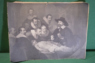 Гравюра, фототипия "Урок анатомии доктора Тульпа", с картины Рембрандта 1632 года. Медицина.