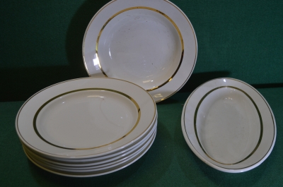 Тарелки, набор. 7 тарелок и блюдо. Золотая кайма. ЗиК, Конаково. 