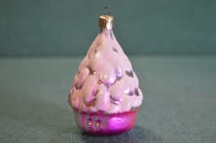 Игрушка елочная стеклянная "Домик, избушка, теремок". Малиновый. Стекло, подвес. СССР. 