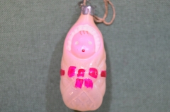 Игрушка елочная стеклянная "Малышка, пеленашка, младенец в конверте". Стекло, подвес. СССР. 