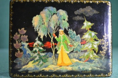 Шкатулка лаковая, номерная № 2106, Палех, 1957 год, Автор Вера Кочеткова. СССР.