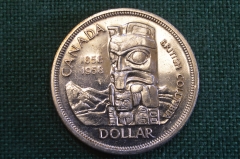 Монета 1 доллар 1958 год. Елизавета II. Серебро. Британская Колумбия, 100 лет, идол. Canada, Канада.