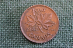 Монета 1 цент 1942 год. Кленовый лист. Георг VI. Canada, Канада.