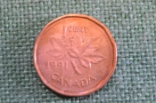 Монета 1 цент 1991 год. Кленовый лист. Елизавета II. Canada, Канада.