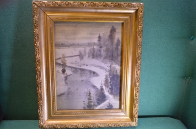 Картина старинная "Зимний пейзаж, вид на реку". Художник Граф Муравьев, 1914 г, Российская Империя.