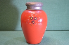 Чайница, чайная банка старинная стеклянная. Красная. Стекло. Подрисовка, цветы.