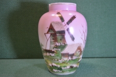 Чайница старинная, молочное стекло. Высота 17,5 см. Ветряная мельница. Инкрустация зернью.