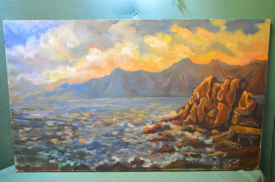 Картина большая "Закат на море". Маринистика. Масло, холст. Размер 100 на 60 см.
